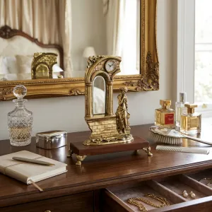 Luxus-Bronze-Tischuhr mit barockem Torbogen und sitzender Damenfigur auf Holzsockel Lifestyle-Ansicht von Luxury Group International
