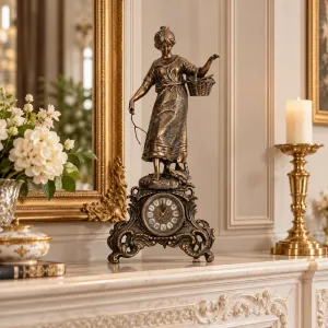 Luxus-Bronze-Tischuhr mit Skulptur einer Dame mit Korb und barockem Rankenfuß Lifestyle-Ansicht von Luxury Group International