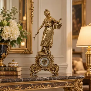 Luxus-Bronze-Tischuhr mit Skulptur einer Dame mit Korb und barockem Rankenfuß Lifestyle-Ansicht von Luxury Group International