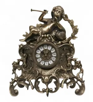 Luxury Bronze Table Clock with Cherub Trumpet Sculpture and Ornate Baroque Scrollwork Base by Luxury Group International