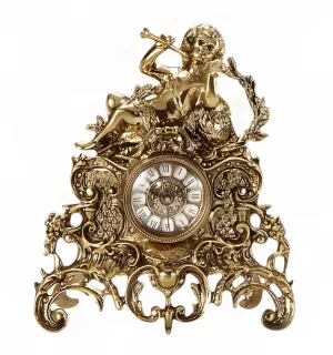Luxury Bronze Table Clock with Cherub Trumpet Sculpture and Ornate Baroque Scrollwork Base by Luxury Group International