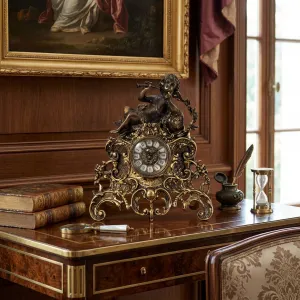 Luxury Bronze Table Clock with Cherub Trumpet Sculpture and Ornate Baroque Scrollwork Base Lifestyle View by Luxury Group International