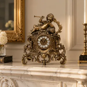 Luxury Bronze Table Clock with Cherub Trumpet Sculpture and Ornate Baroque Scrollwork Base Lifestyle View by Luxury Group International