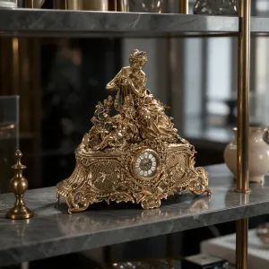Orologio da Tavolo di Lusso in Bronzo con Donna Classica e Lira su Base Rococò Ornate con Finitura Dorata Vista lifestyle di Luxury Group International