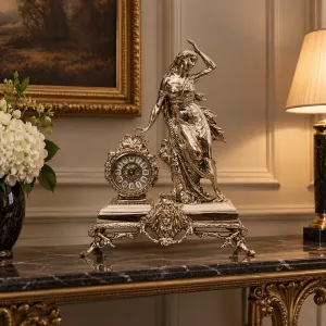 Luxury Bronze Table Clock with Classical Lady Sculpture and Ornate Baroque Base Lifestyle View by Luxury Group International