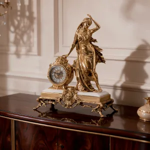 Luxury Bronze Table Clock with Classical Lady Sculpture and Ornate Baroque Base Lifestyle View by Luxury Group International