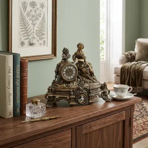 Horloge de Table en Bronze de Luxe avec Sculpture de Dame Classique et Base Décorative Baroque Ornée Vue lifestyle par Luxury Group International