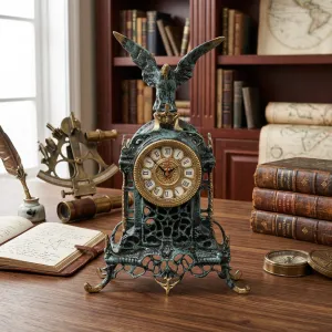 Luxury Bronze Table Clock with Eagle Crest and Cathedral Inspired Baroque Frame Lifestyle View by Luxury Group International