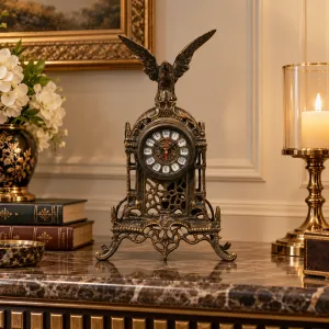 Luxury Bronze Table Clock with Eagle Crest and Cathedral Inspired Baroque Frame Lifestyle View by Luxury Group International