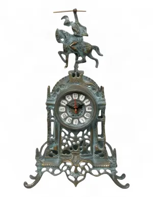 Luxury Bronze Table Clock with Equestrian Horse Rider Crest and Cathedral Inspired Baroque Frame by Luxury Group International