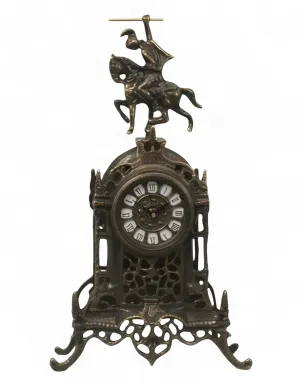 Luxury Bronze Table Clock with Equestrian Horse Rider Crest and Cathedral Inspired Baroque Frame by Luxury Group International