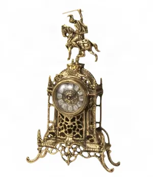 Luxury Bronze Table Clock with Equestrian Horse Rider Crest and Cathedral Inspired Baroque Frame by Luxury Group International