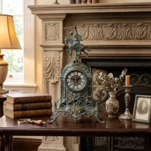 Luxury Bronze Table Clock with Equestrian Horse Rider Crest and Cathedral Inspired Baroque Frame Lifestyle View by Luxury Group International