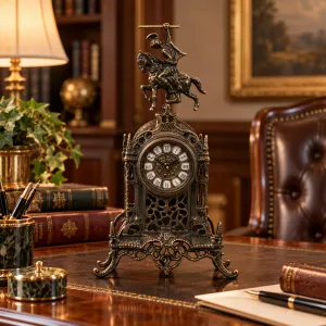 Luxury Bronze Table Clock with Equestrian Horse Rider Crest and Cathedral Inspired Baroque Frame Lifestyle View by Luxury Group International