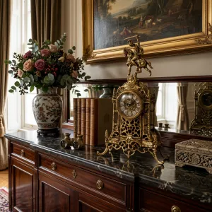 Luxury Bronze Table Clock with Equestrian Horse Rider Crest and Cathedral Inspired Baroque Frame Lifestyle View by Luxury Group International
