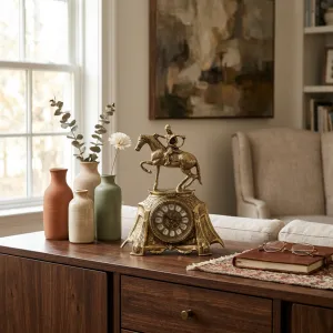 Horloge de Table en Bronze de Luxe avec Blason Équestre de Jockey et Cadre Sculptural Baroque Vue lifestyle par Luxury Group International