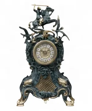 Luxury Bronze Table Clock with Equestrian Rider Crest and Ornate Baroque Sculptural Frame by Luxury Group International