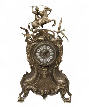 Luxury Bronze Table Clock with Equestrian Rider Crest and Ornate Baroque Sculptural Frame by Luxury Group International