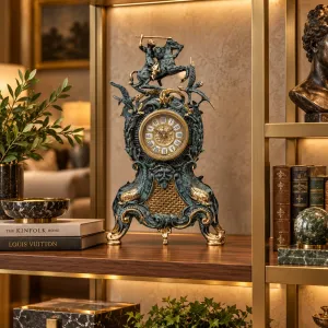Luxury Bronze Table Clock with Equestrian Rider Crest and Ornate Baroque Sculptural Frame Lifestyle View by Luxury Group International