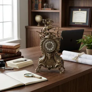 Luxury Bronze Table Clock with Equestrian Rider Crest and Ornate Baroque Sculptural Frame Lifestyle View by Luxury Group International