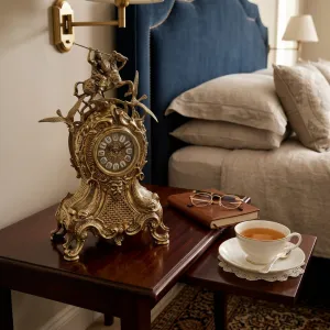 Luxury Bronze Table Clock with Equestrian Rider Crest and Ornate Baroque Sculptural Frame Lifestyle View by Luxury Group International