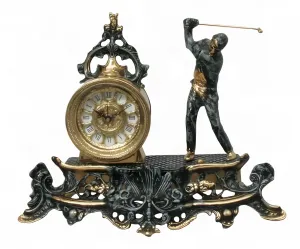 Horloge de Table de Luxe en Bronze avec Sculpture de Joueur de Golf et Base Décorative Baroque Ornée par Luxury Group International
