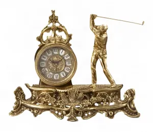 Horloge de Table de Luxe en Bronze avec Sculpture de Joueur de Golf et Base Décorative Baroque Ornée par Luxury Group International