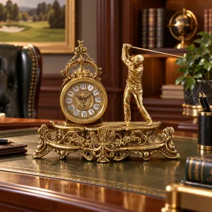 Horloge de Table de Luxe en Bronze avec Sculpture de Joueur de Golf et Base Décorative Baroque Ornée Vue lifestyle par Luxury Group International