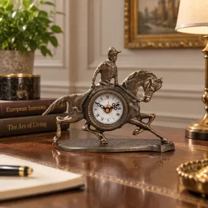 Orologio da Tavolo di Lusso in Bronzo con Scultura di Cavaliere a Cavallo e Quadrante Romano Classico - Orologio da Tavolo di Lusso Vista lifestyle di Luxury Group International