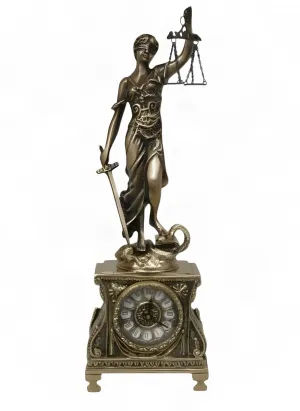 Horloge de Table en Bronze de Luxe avec Sculpture de la Justice et Boîtier Baroque Orné par Luxury Group International