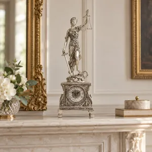 Reloj de Mesa de Bronce de Lujo con Escultura de la Dama de la Justicia y Caja Barroca Ornamental Vista lifestyle por Luxury Group International