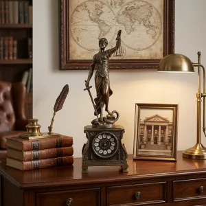 Reloj de Mesa de Bronce de Lujo con Escultura de la Dama de la Justicia y Caja Barroca Ornamental Vista lifestyle por Luxury Group International