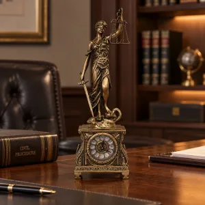 Horloge de Table en Bronze de Luxe avec Sculpture de la Justice et Boîtier Baroque Orné Vue lifestyle par Luxury Group International