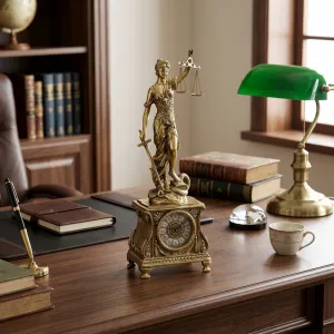Horloge de Table en Bronze de Luxe avec Sculpture de la Justice et Boîtier Baroque Orné Vue lifestyle par Luxury Group International
