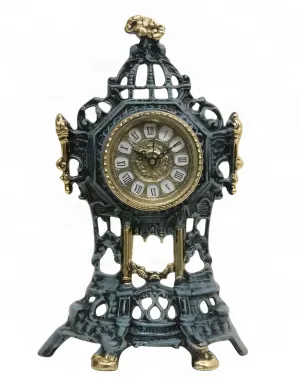 Luxury Bronze Table Clock with Openwork Baroque Frame and Ornate Architectural Crest by Luxury Group International