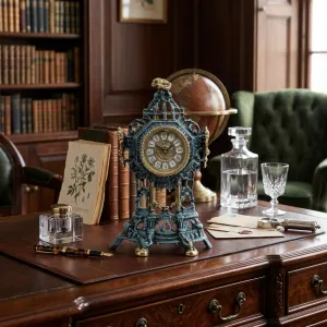 Luxury Bronze Table Clock with Openwork Baroque Frame and Ornate Architectural Crest Lifestyle View by Luxury Group International