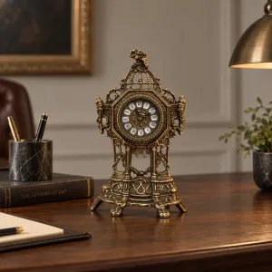 Luxury Bronze Table Clock with Openwork Baroque Frame and Ornate Architectural Crest Lifestyle View by Luxury Group International