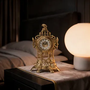 Luxury Bronze Table Clock with Openwork Baroque Frame and Ornate Architectural Crest Lifestyle View by Luxury Group International