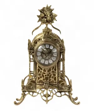 Luxury Bronze Table Clock with Ornate Floral Crest and Openwork Baroque Frame by Luxury Group International