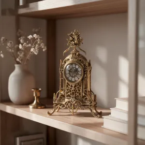Luxury Bronze Table Clock with Ornate Floral Crest and Openwork Baroque Frame Lifestyle View by Luxury Group International