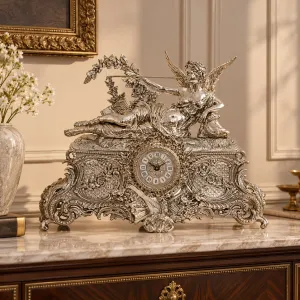 Luxury Bronze Table Clock with Reclining Winged Trumpeter on Ornate Baroque Base Lifestyle View by Luxury Group International