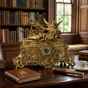 Luxury Bronze Table Clock with Reclining Winged Trumpeter on Ornate Baroque Base Lifestyle View by Luxury Group International