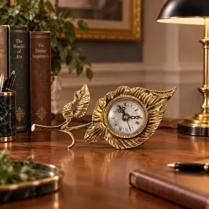 Luxury Bronze Table Clock with Sculpted Leaf Frame & Elegant Roman Dial - Luxury Table Clock Lifestyle View by Luxury Group International