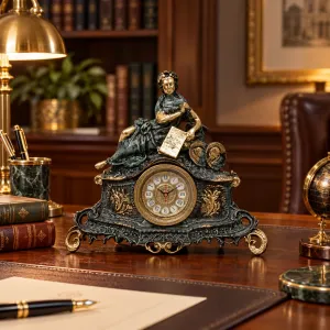 Horloge de Table en Bronze de Luxe avec Sculpture de Dame Assise et Base Baroque Ornée Vue lifestyle par Luxury Group International