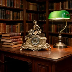 Luxury Bronze Table Clock with Seated Lady Sculpture and Ornate Baroque Base Lifestyle View by Luxury Group International