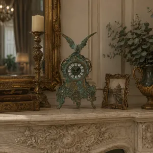 Luxus-Bronze-Tischuhr mit ausgebreitetem Adlerwappen & barockem Rankenrelief Lifestyle-Ansicht von Luxury Group International