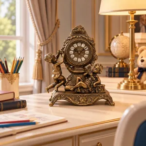 Luxus-Bronze-Tischuhr mit zwei Putten und barockem Blumenwappen Lifestyle-Ansicht von Luxury Group International