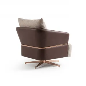 Luxury Brown and Beige Swivel Armchair with Bronze Metal Details - Luxury Armchair Front View by Luxury Group International