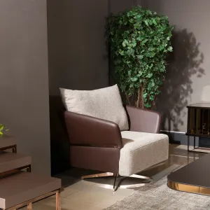 Luxury Brown and Beige Swivel Armchair with Bronze Metal Details - Luxury Armchair Lifestyle View by Luxury Group International