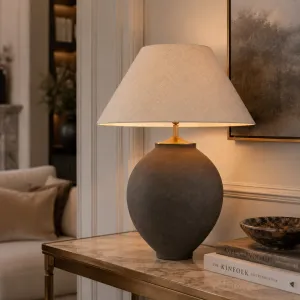 Luxury Brown Ceramic Table Lamp with Natural Linen Shade Lifestyle View by Luxury Group International